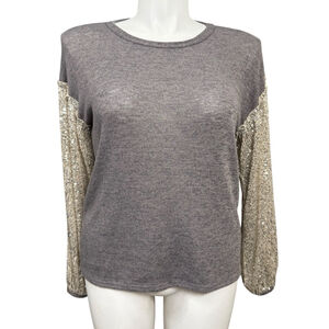 BiBi Gray Knit Top with Sequin Balloon Sleeves Women’s XL